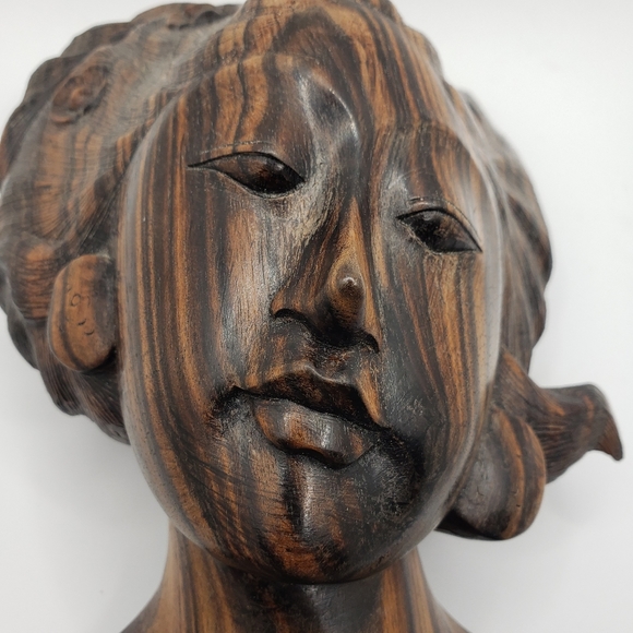 Balinese Handcarved Signed Striped Rosewood Womans Bust Statue - Picture 3 of 13